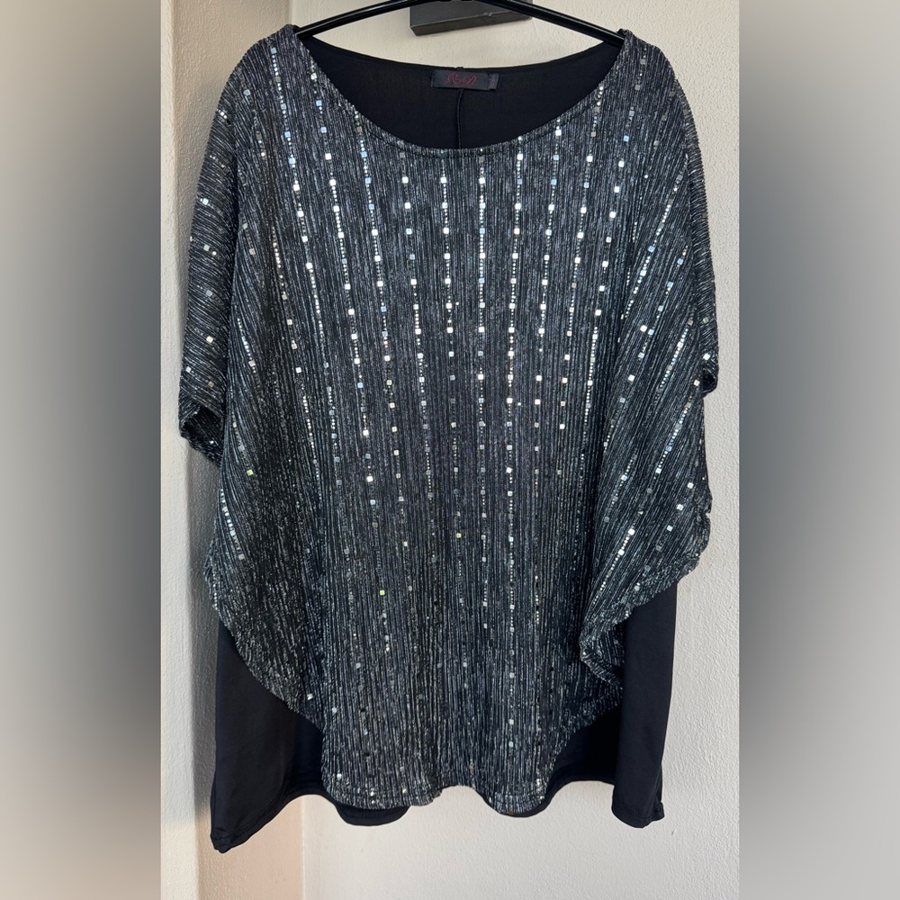 Roxy D Women Short Sleeve Round Neck Metallic Black Sequin Kaftan Tunic Lined 2X